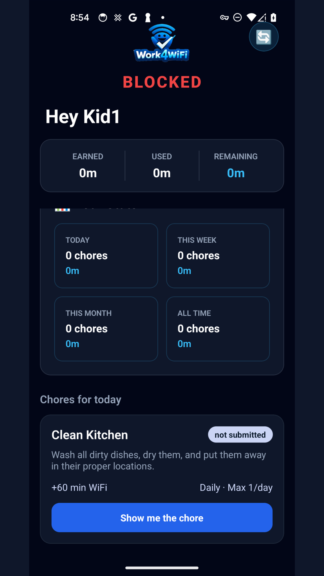 Child app showing available chores