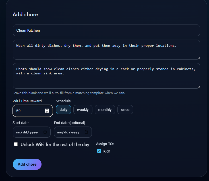 Creating a chore in the Work4WiFi app